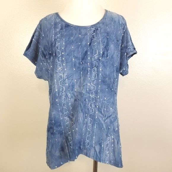 Shannon Ford NY Blue Sequin Split Sleeve Top Size Medium - Picture 2 of 9